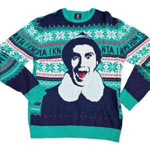 Elf the Movie Ugly Christmas Sweater Large "Santa OMG I Know Him" Will Ferrell